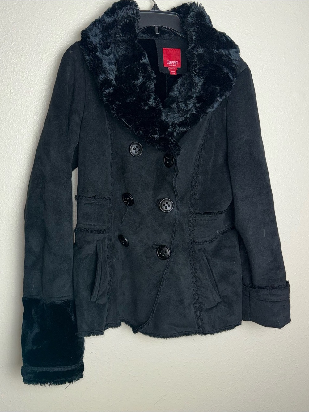 Esprit Black Faux Fur-Trim Double-Breasted Pea Coat